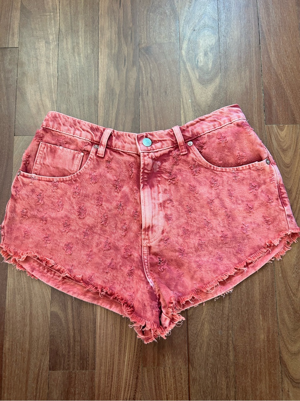 We the Free Mixed Emotions High Rise Shorts Red Distressed Jean Free People 28 - Picture 2 of 9
